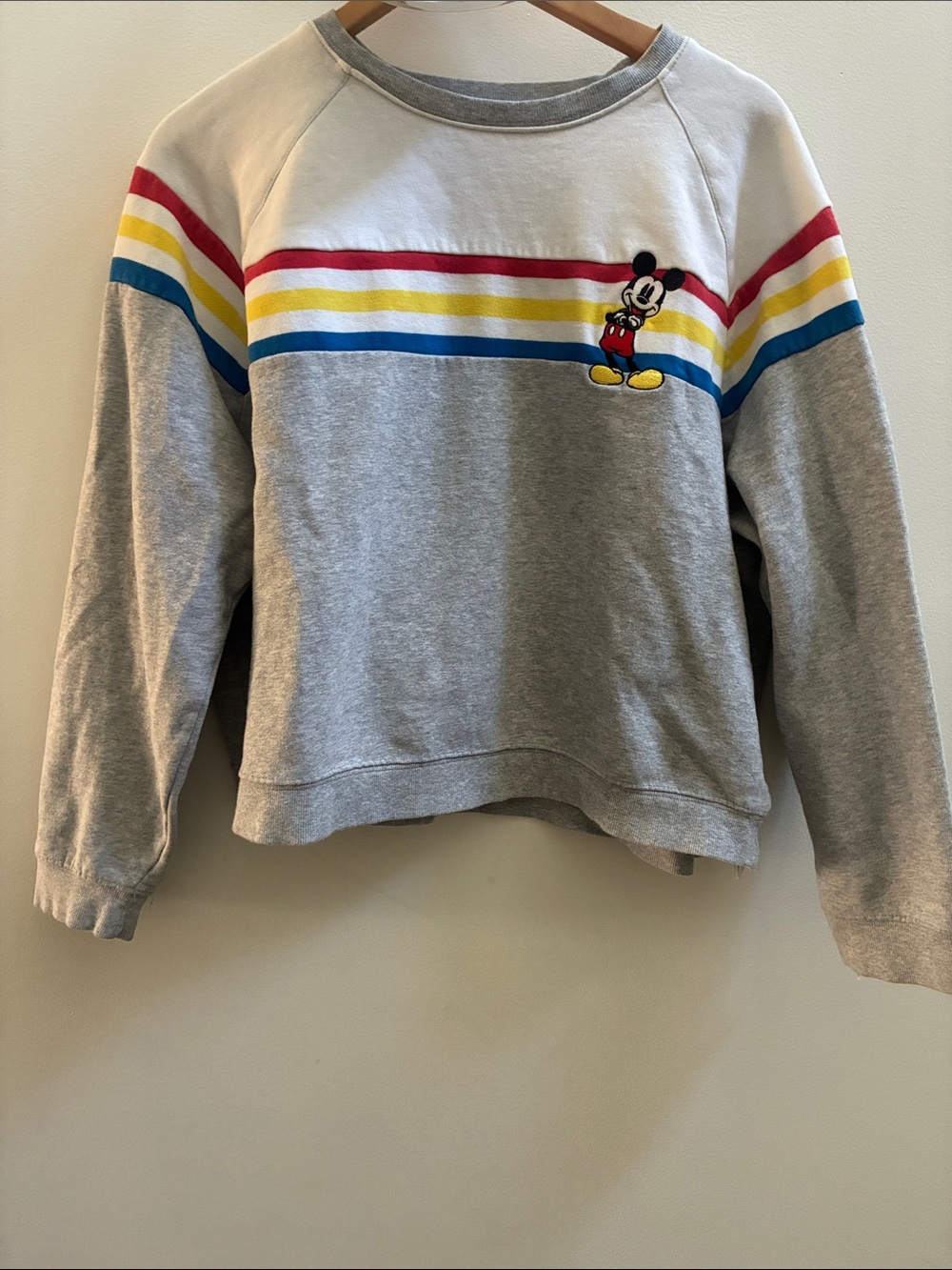 Vintage Disney Gray Sweatshirt with Stripes and Mickey Embroider